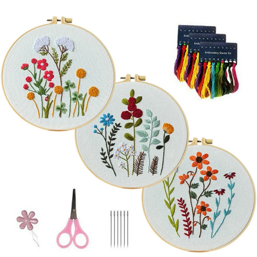 3-Piece DIY Embroidery Kit – Floral Patterns, Beginner-Friendly Cross Stitch