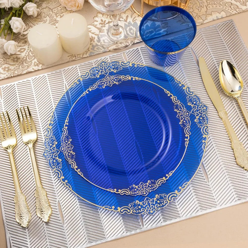 350PCS Clear Blue Plastic Plates, Cups, Napkins & 150 Gold Silverware for 50 Guests
