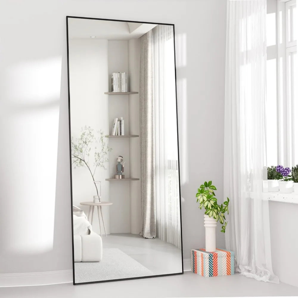 65"x24" Full Length Black Mirror, Standing or Hanging, Aluminum Alloy Frame