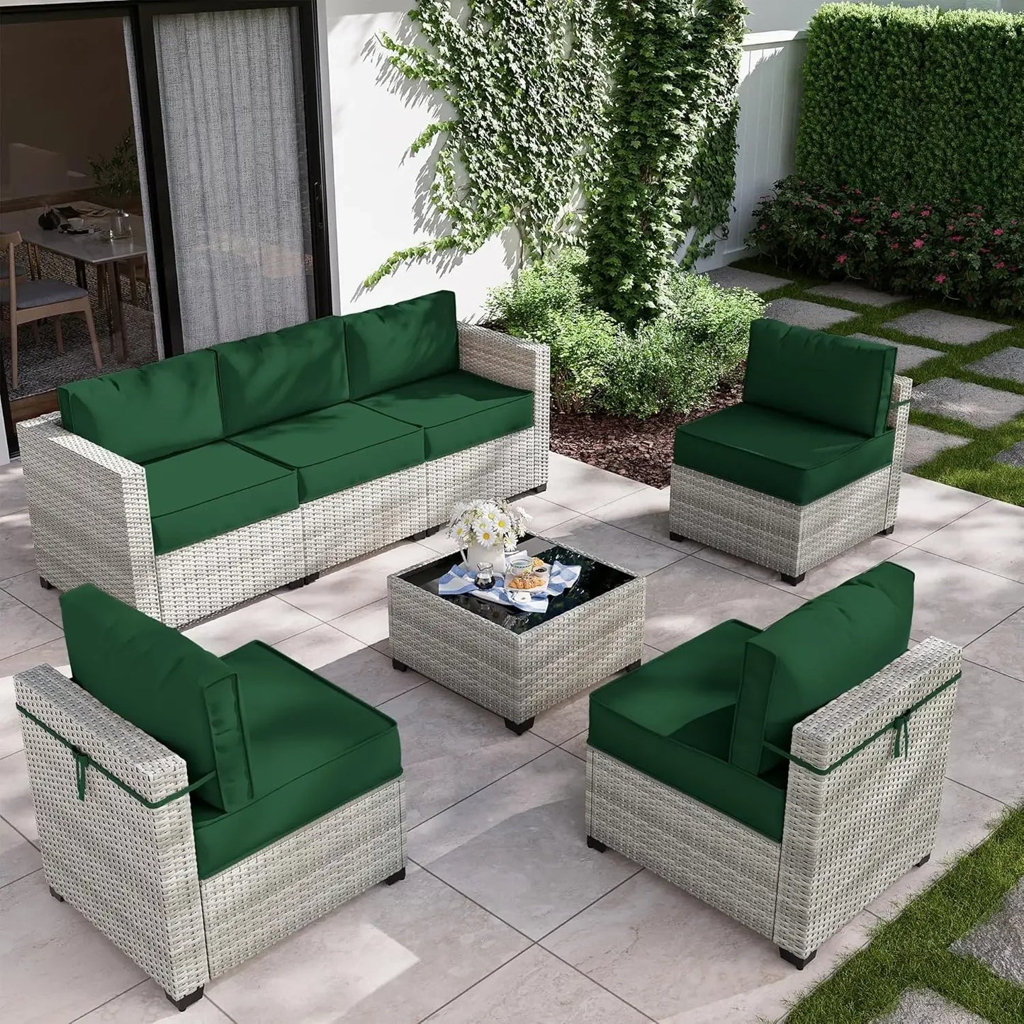 8-Piece Patio Furniture Set with Fire Pit Table, Light Grey Wicker Conversation Set