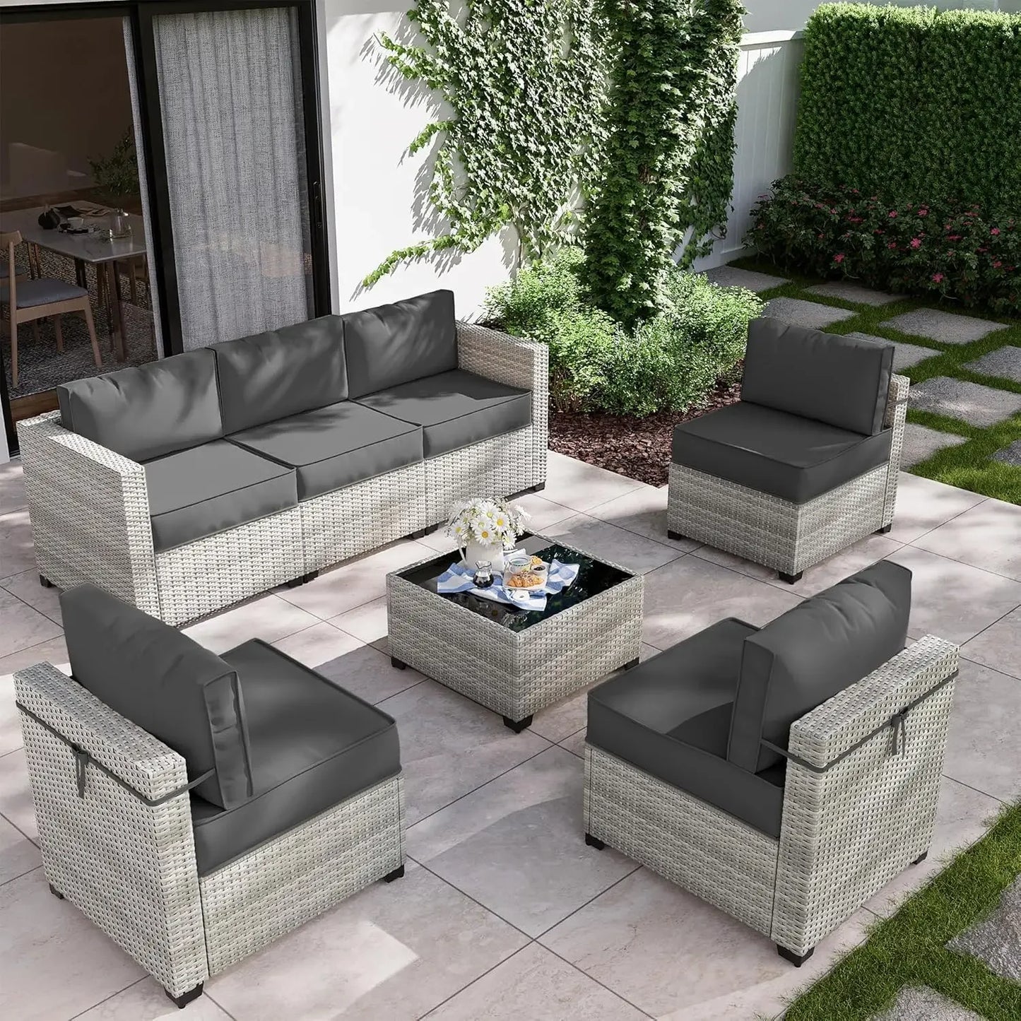 8-Piece Patio Furniture Set with Fire Pit Table, Light Grey Wicker Conversation Set