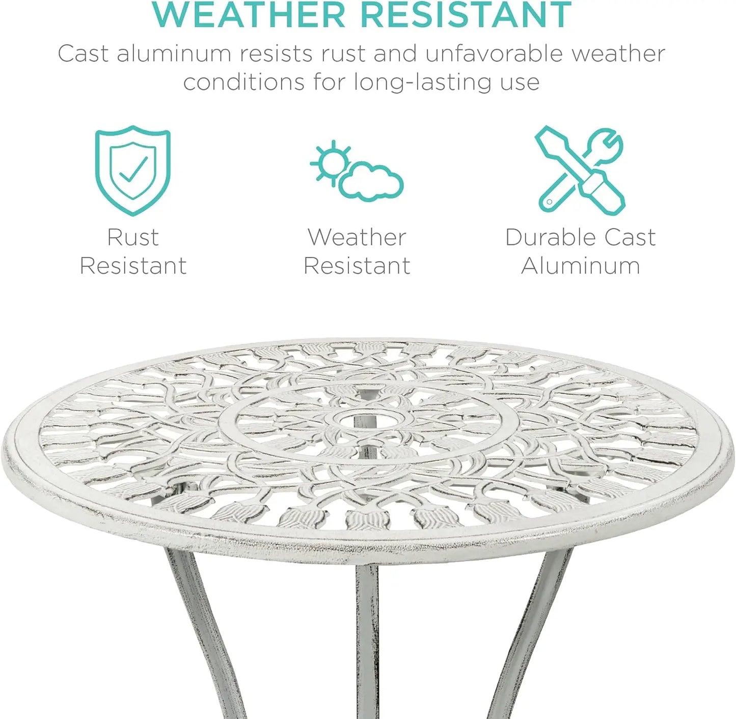 3-Piece Outdoor Cast Aluminum Bistro Set – Rust-Resistant, Tulip Design, White