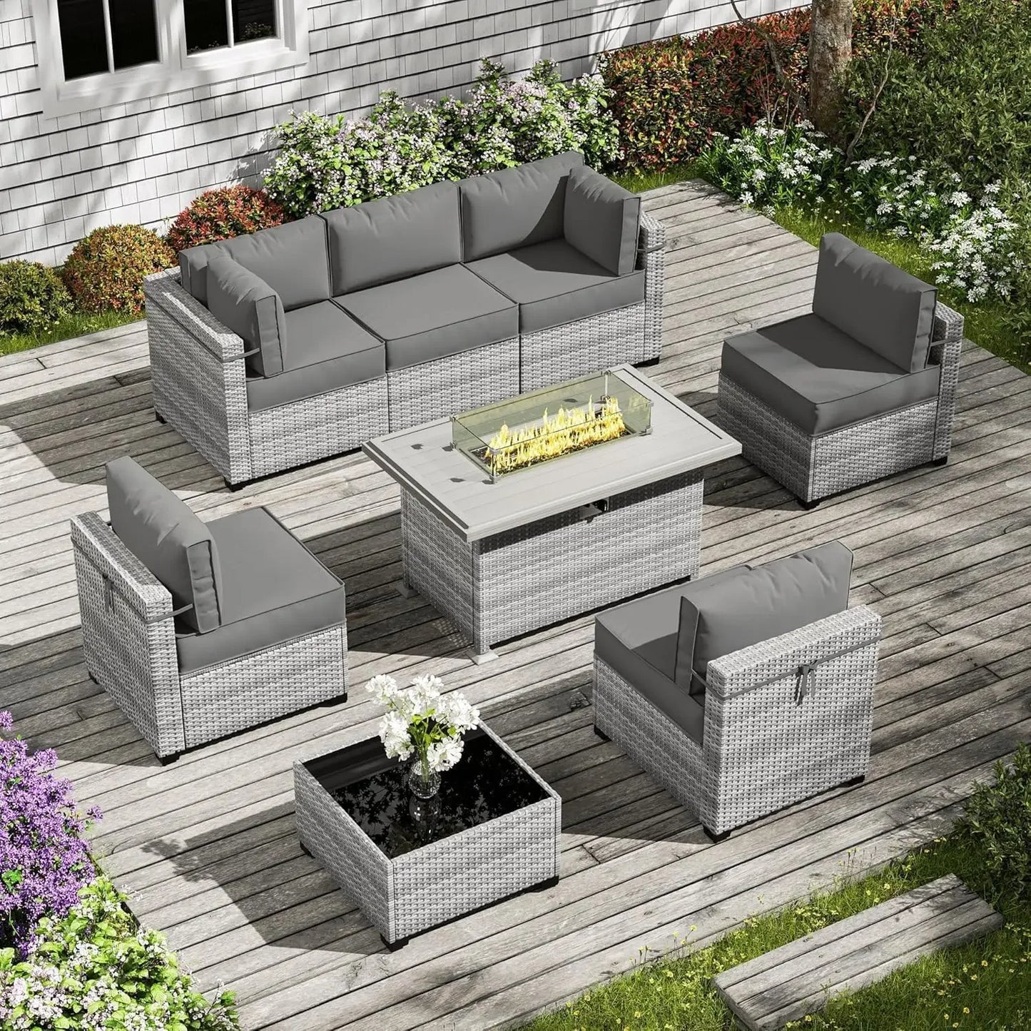 8-Piece Patio Furniture Set with Fire Pit Table, Light Grey Wicker Conversation Set
