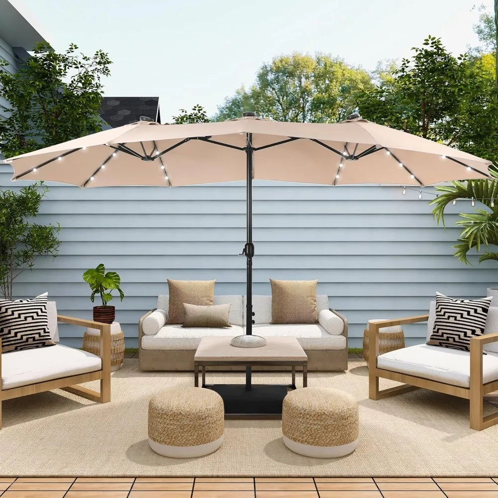 15ft Large Patio Umbrella – Solar Lights, Rectangular, with Base Included