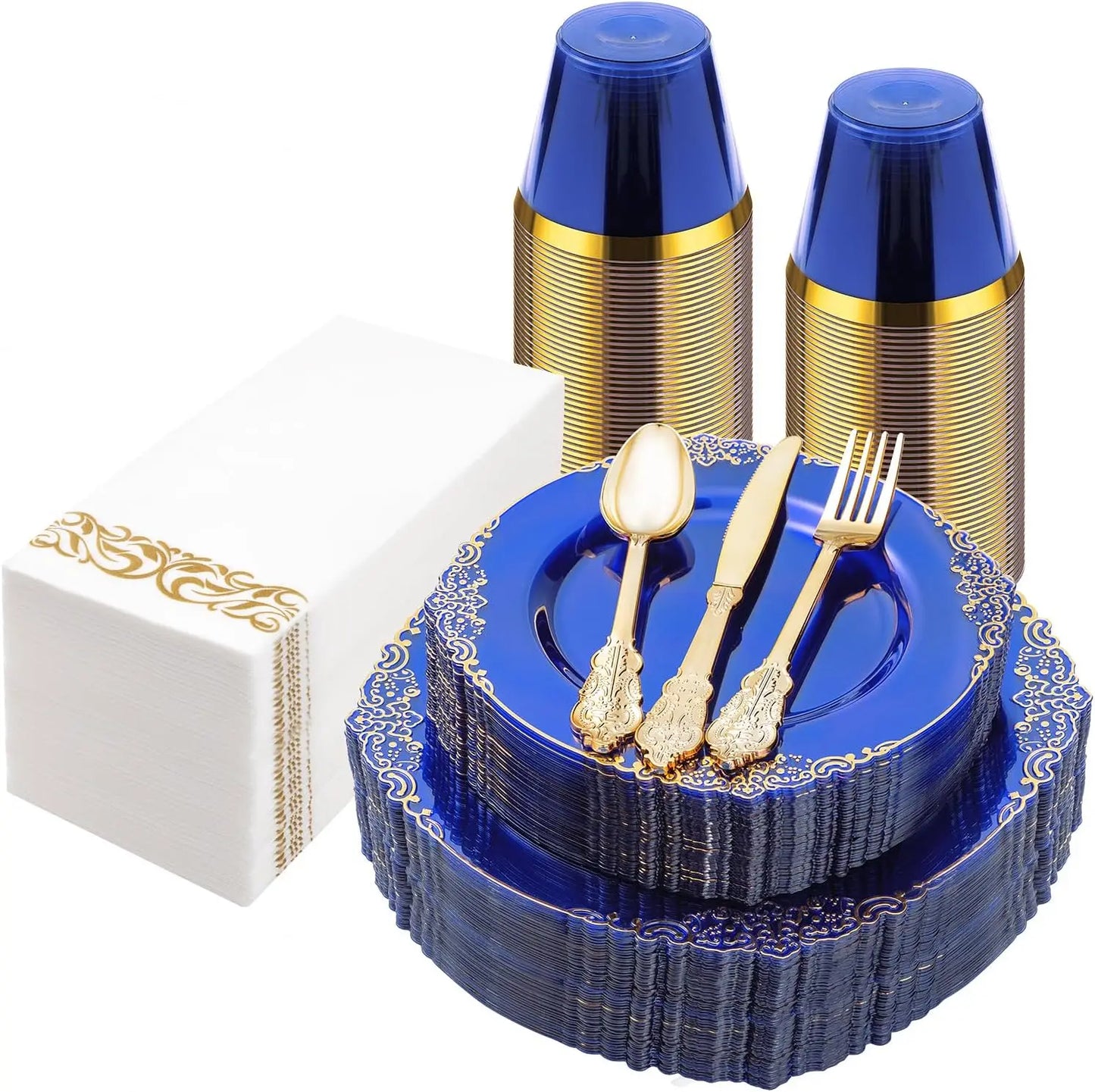 350PCS Clear Blue Plastic Plates, Cups, Napkins & 150 Gold Silverware for 50 Guests