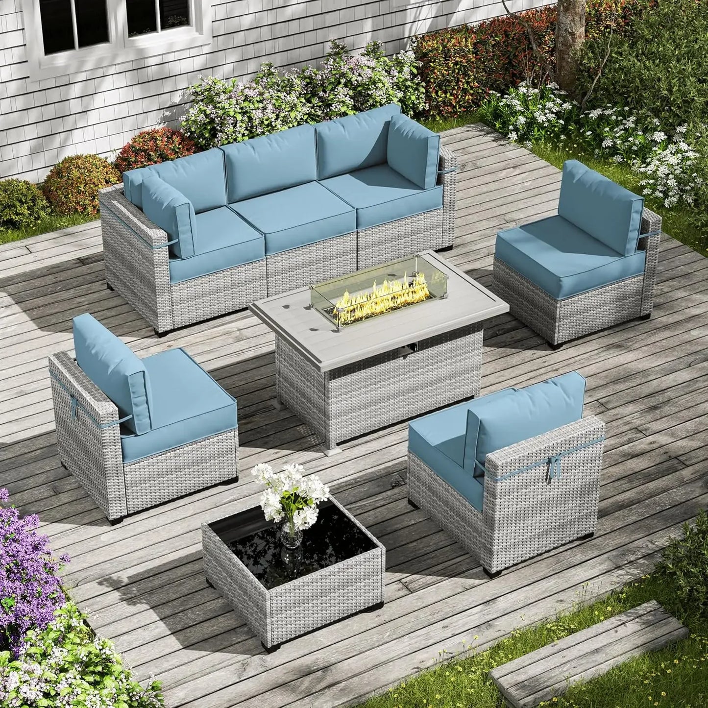 8-Piece Patio Furniture Set with Fire Pit Table, Light Grey Wicker Conversation Set