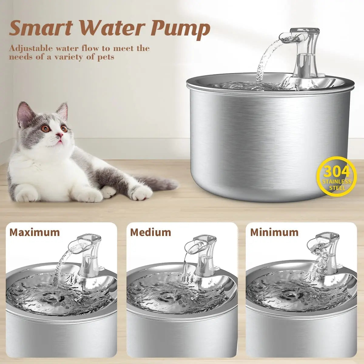 2L Stainless Steel Pet Water Dispenser, Automatic Cat Fountain with Sensor & Heater