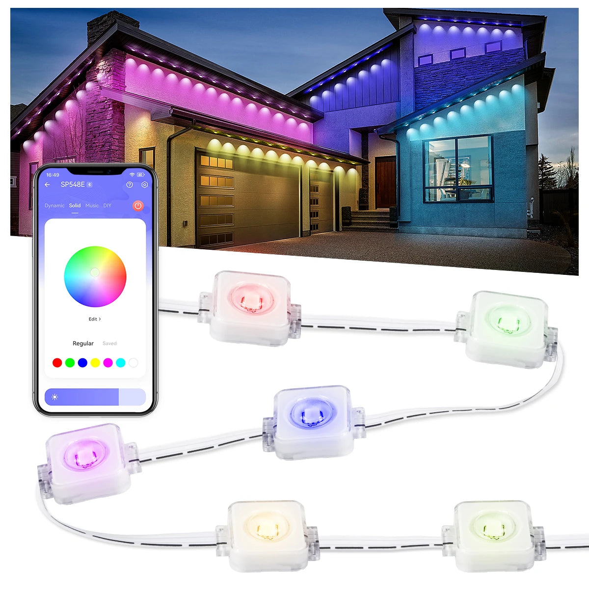 100ft Smart RGB Outdoor Lights – 60 LED, IP68 Waterproof for Christmas & Parties