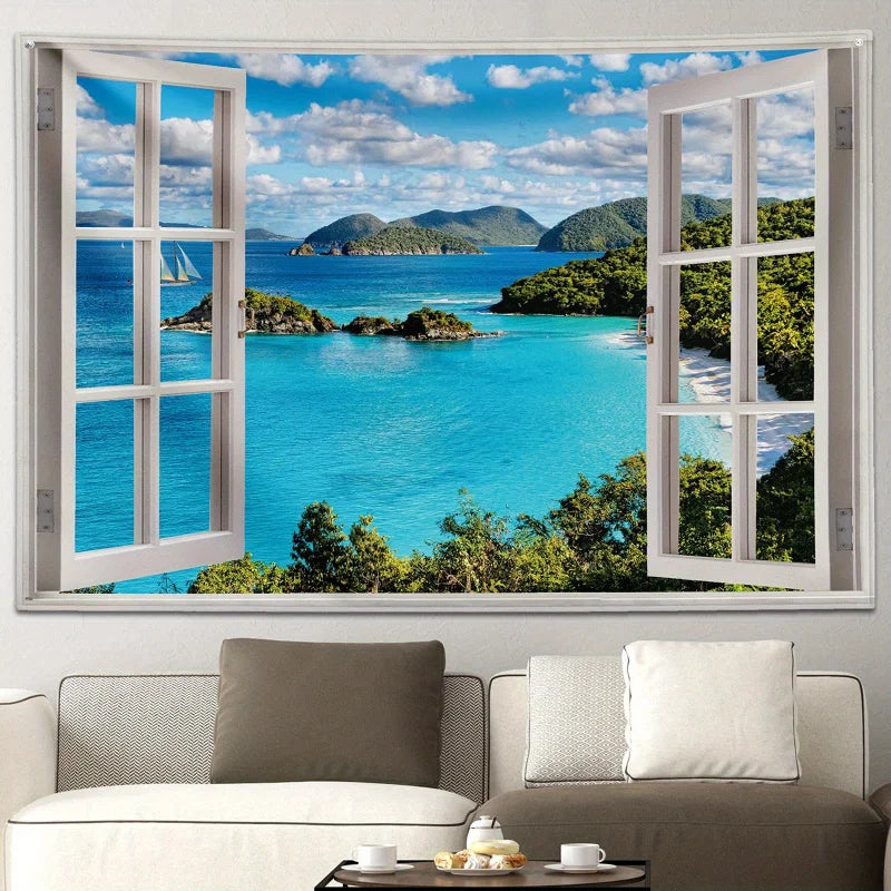 Nature Landscape Wall Tapestry, Blue Ocean Beach Print, Decorative Wall Art