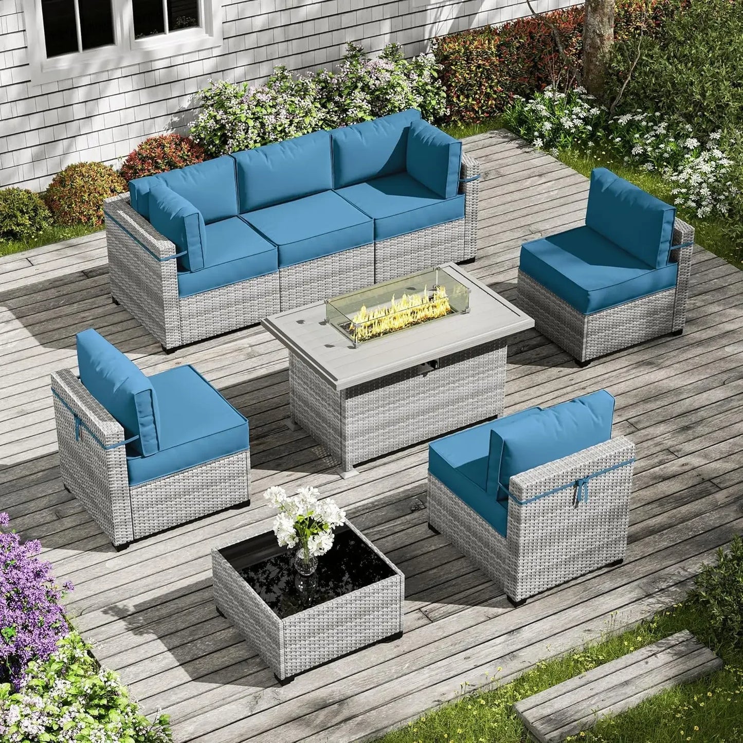 8-Piece Patio Furniture Set with Fire Pit Table, Light Grey Wicker Conversation Set