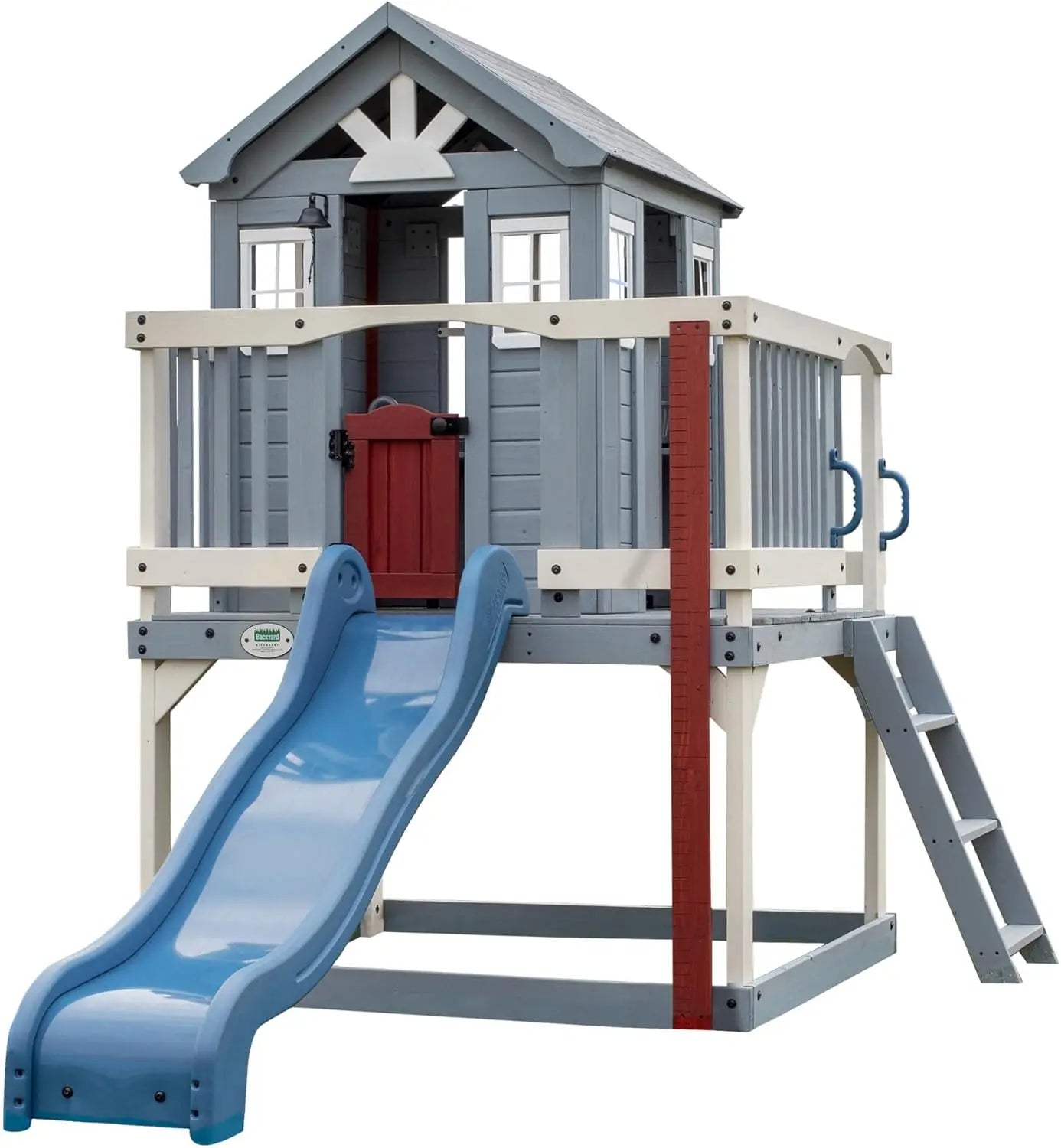 Heights Elevated Cedar Playhouse with Kitchen, Slide, Deck, Ladder & Growth Chart
