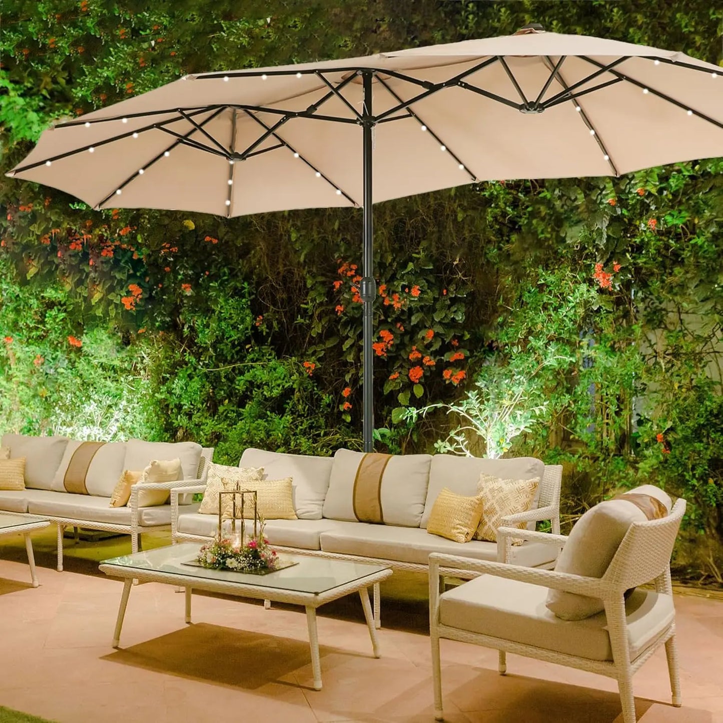 15ft Large Patio Umbrella – Solar Lights, Rectangular, with Base Included