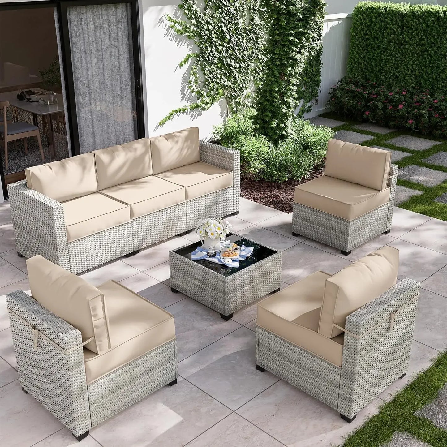 8-Piece Patio Furniture Set with Fire Pit Table, Light Grey Wicker Conversation Set