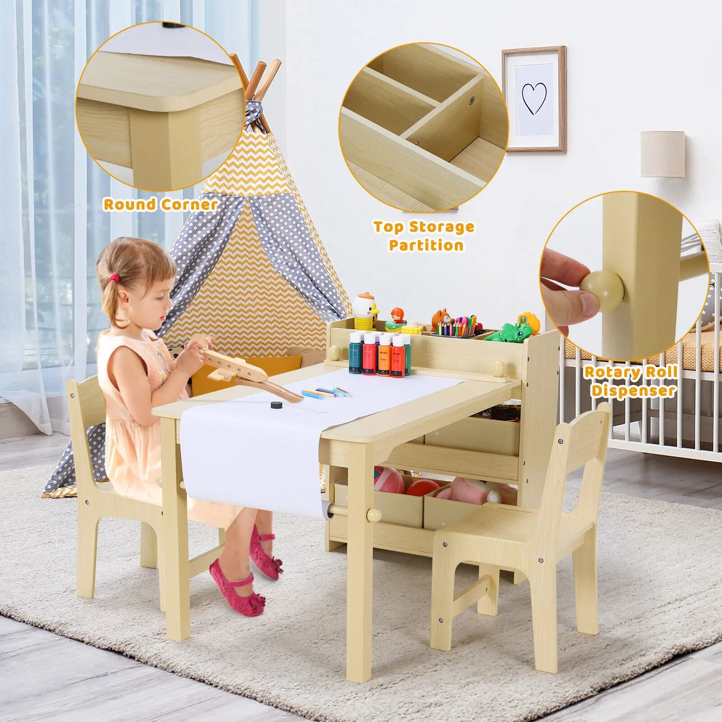 Kids Art Table & Chair Set with Storage, Paper Roll, and Canvas Bins