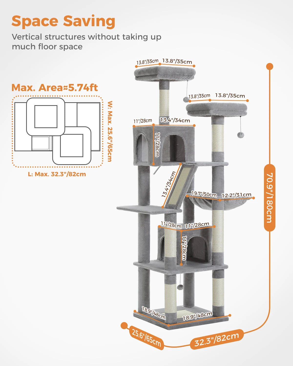 H180CM Large Cat Tree, Multi-Level Tower with Sisal Scratching Post & Hammock