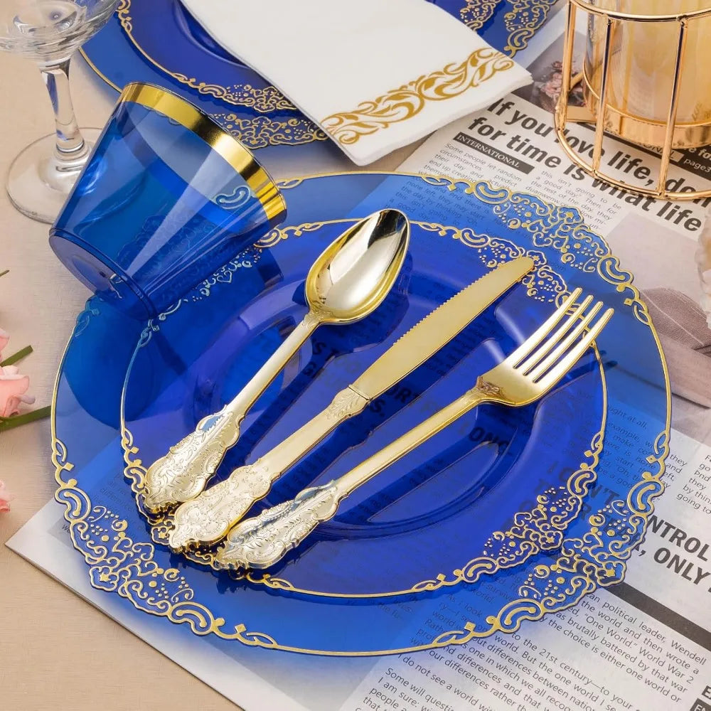 350PCS Clear Blue Plastic Plates, Cups, Napkins & 150 Gold Silverware for 50 Guests