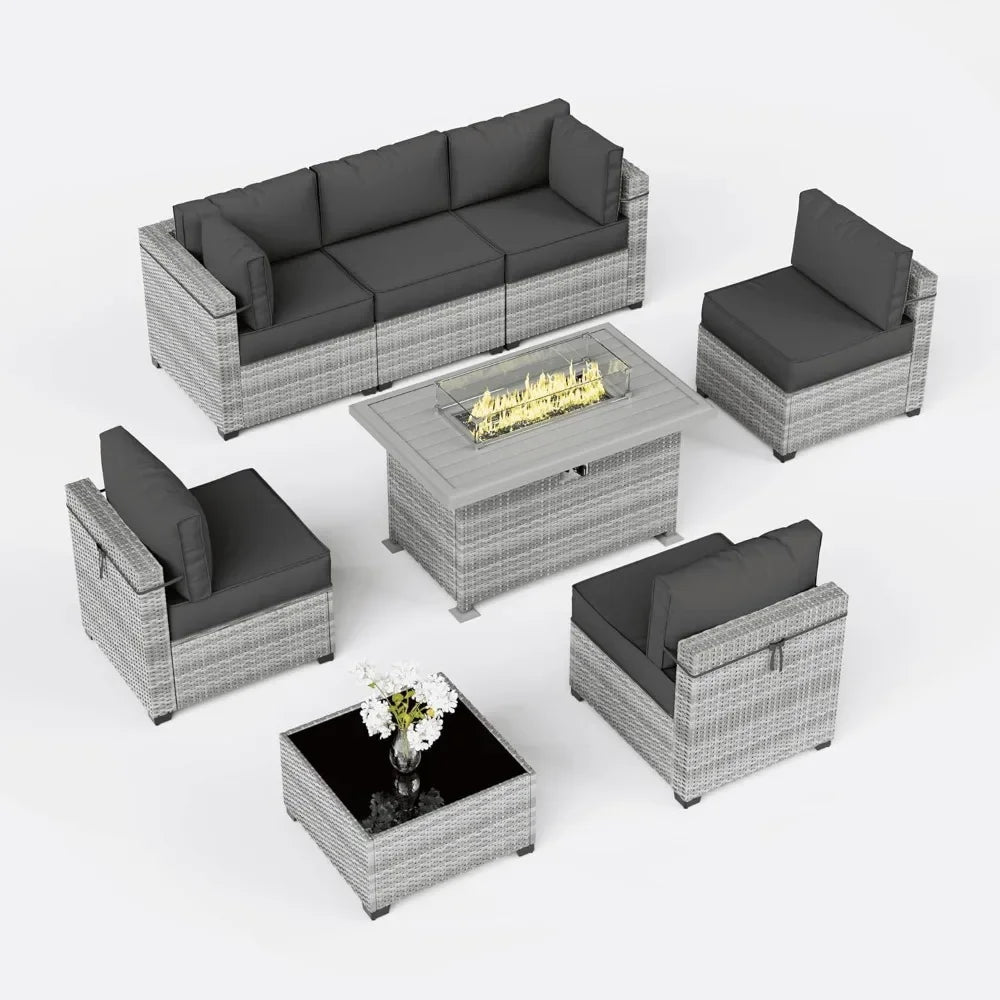 8-Piece Patio Furniture Set with Fire Pit Table, Light Grey Wicker Conversation Set