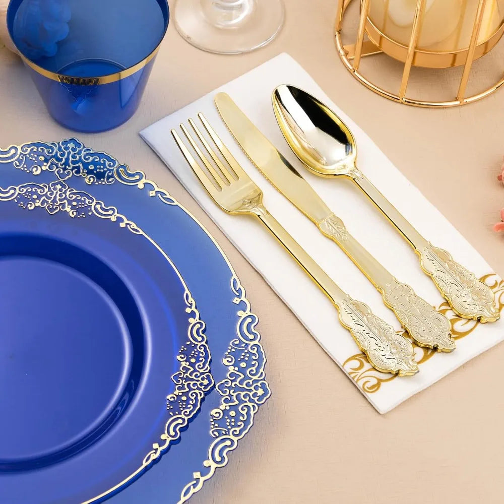 350PCS Clear Blue Plastic Plates, Cups, Napkins & 150 Gold Silverware for 50 Guests