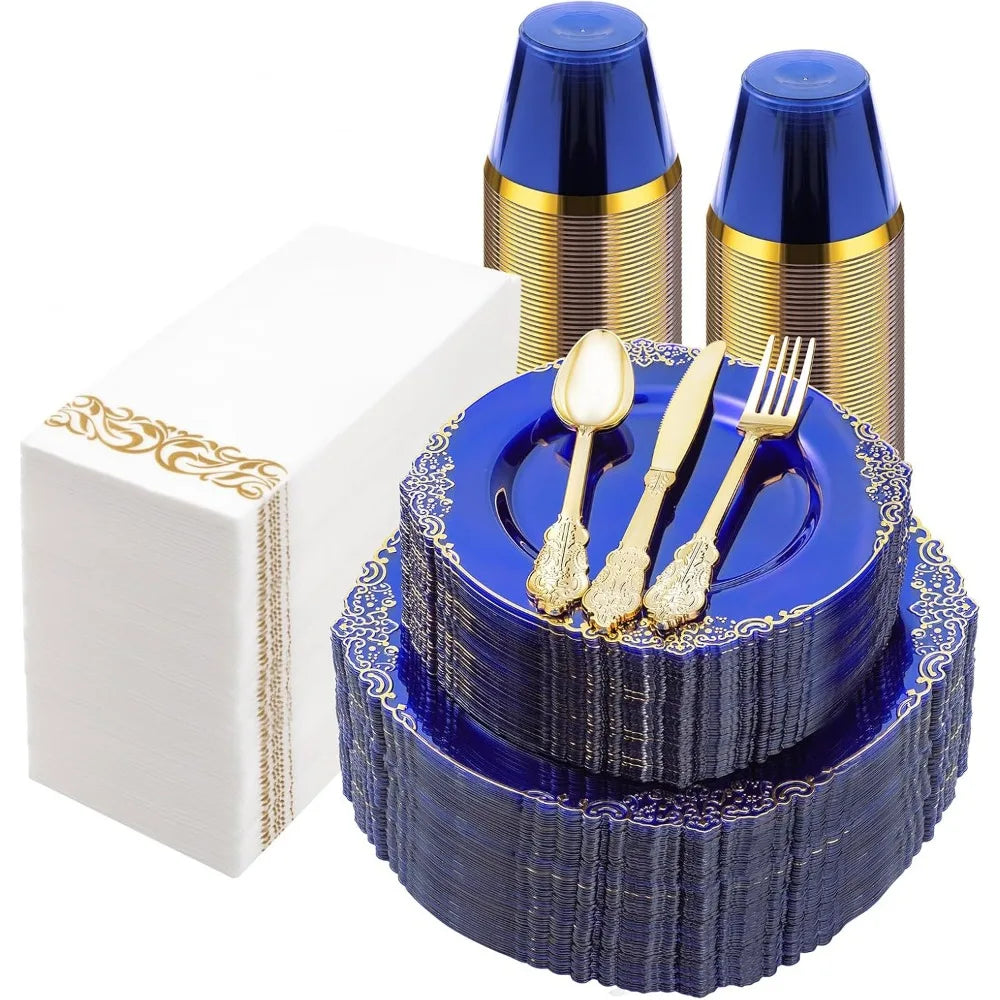 350PCS Clear Blue Plastic Plates, Cups, Napkins & 150 Gold Silverware for 50 Guests