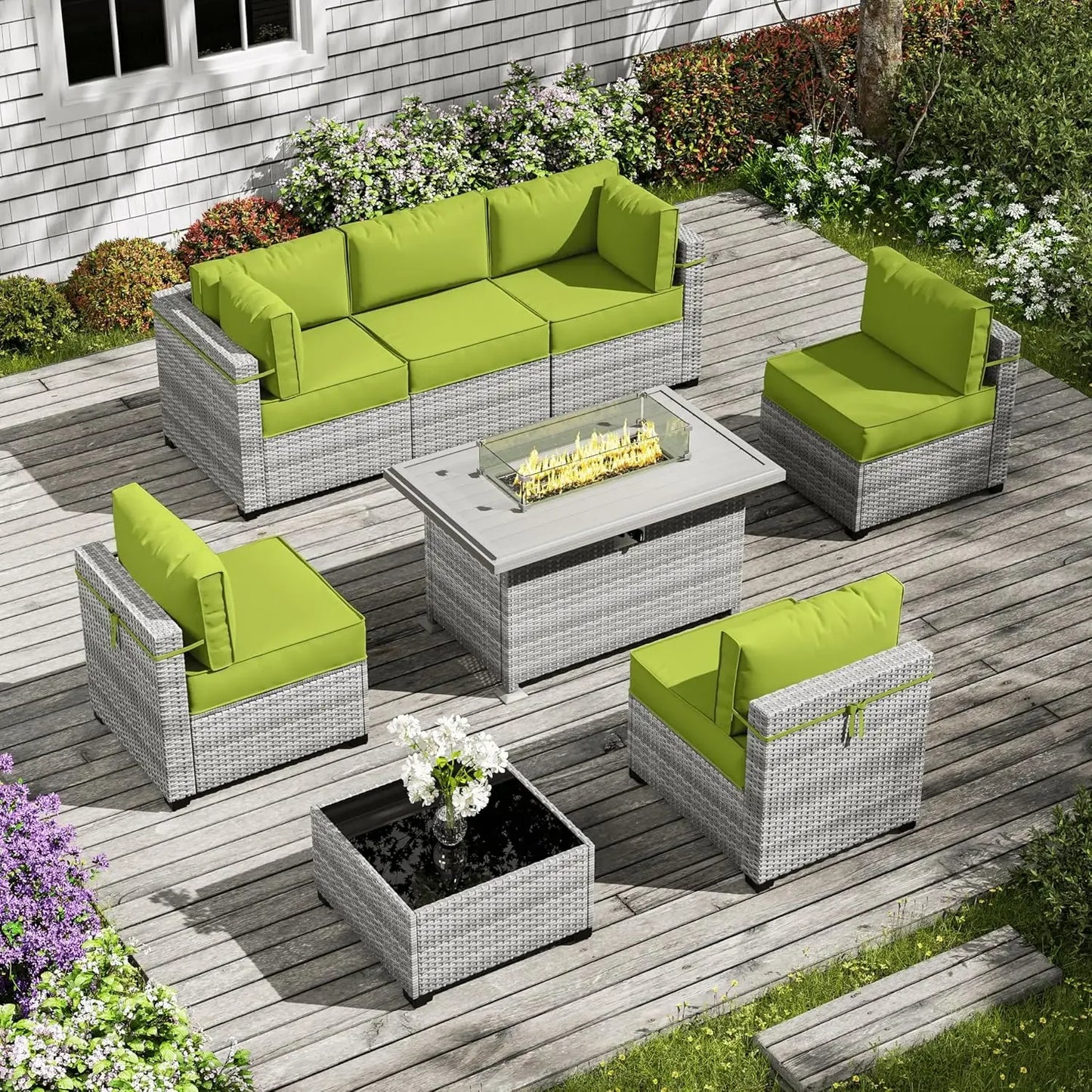 8-Piece Patio Furniture Set with Fire Pit Table, Light Grey Wicker Conversation Set