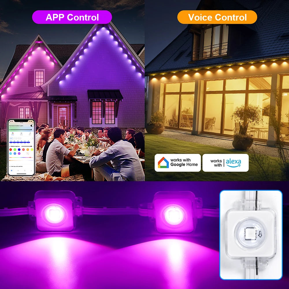 100ft Smart RGB Outdoor Lights – 60 LED, IP68 Waterproof for Christmas & Parties