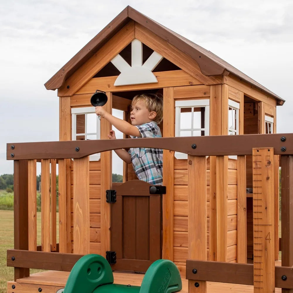 Heights Elevated Cedar Playhouse with Kitchen, Slide, Deck, Ladder & Growth Chart