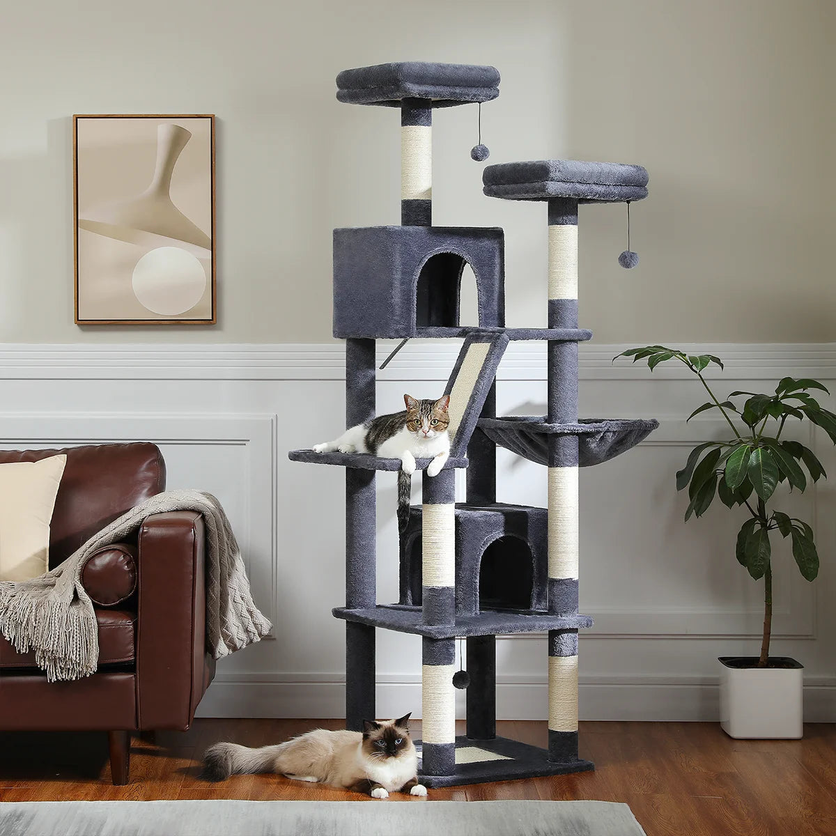 H180CM Large Cat Tree, Multi-Level Tower with Sisal Scratching Post & Hammock