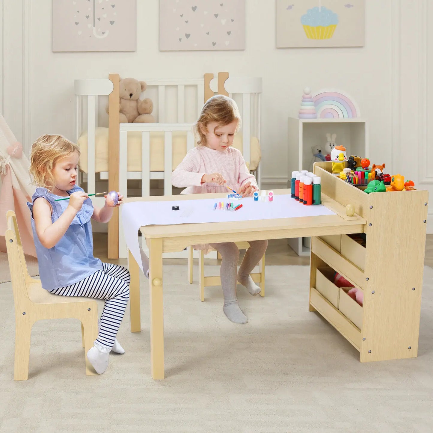 Kids Art Table & Chair Set with Storage, Paper Roll, and Canvas Bins