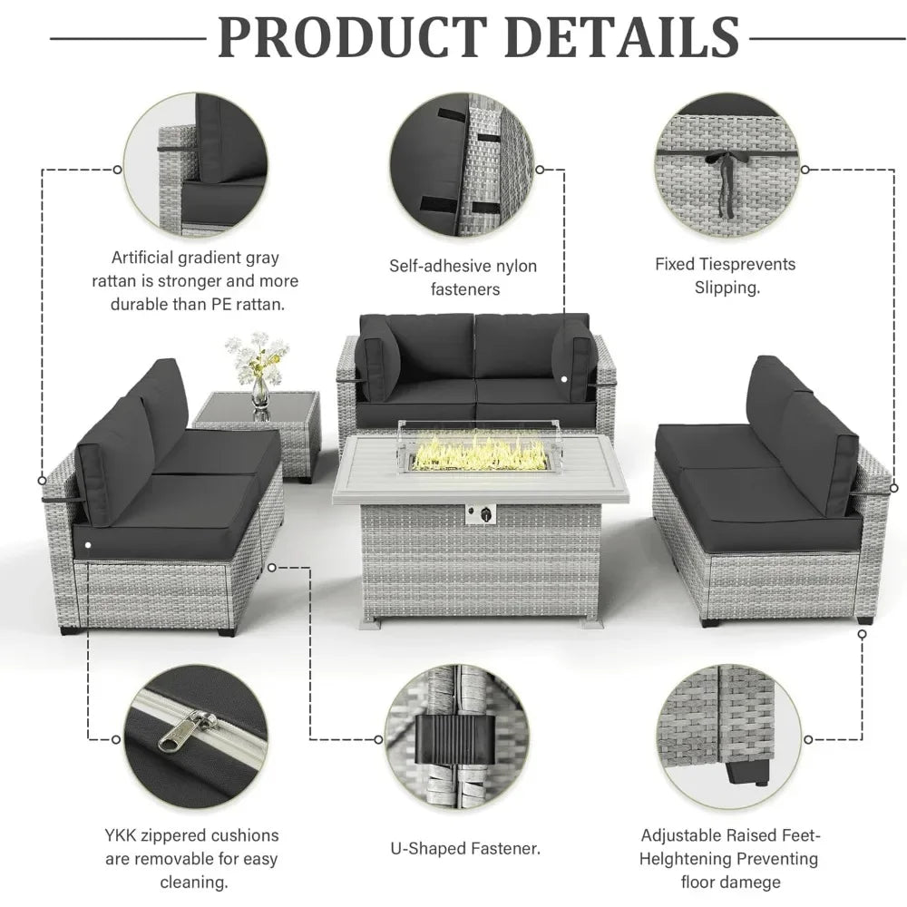 8-Piece Patio Furniture Set with Fire Pit Table, Light Grey Wicker Conversation Set