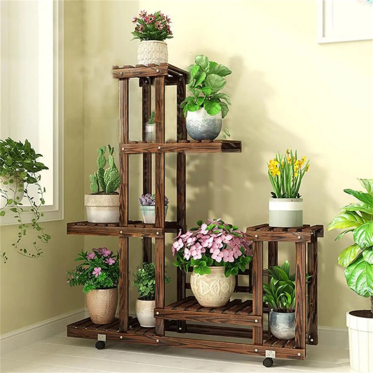 6-Tier Wood Plant Stand – Vertical Carbonized Holder for Indoor & Outdoor Use