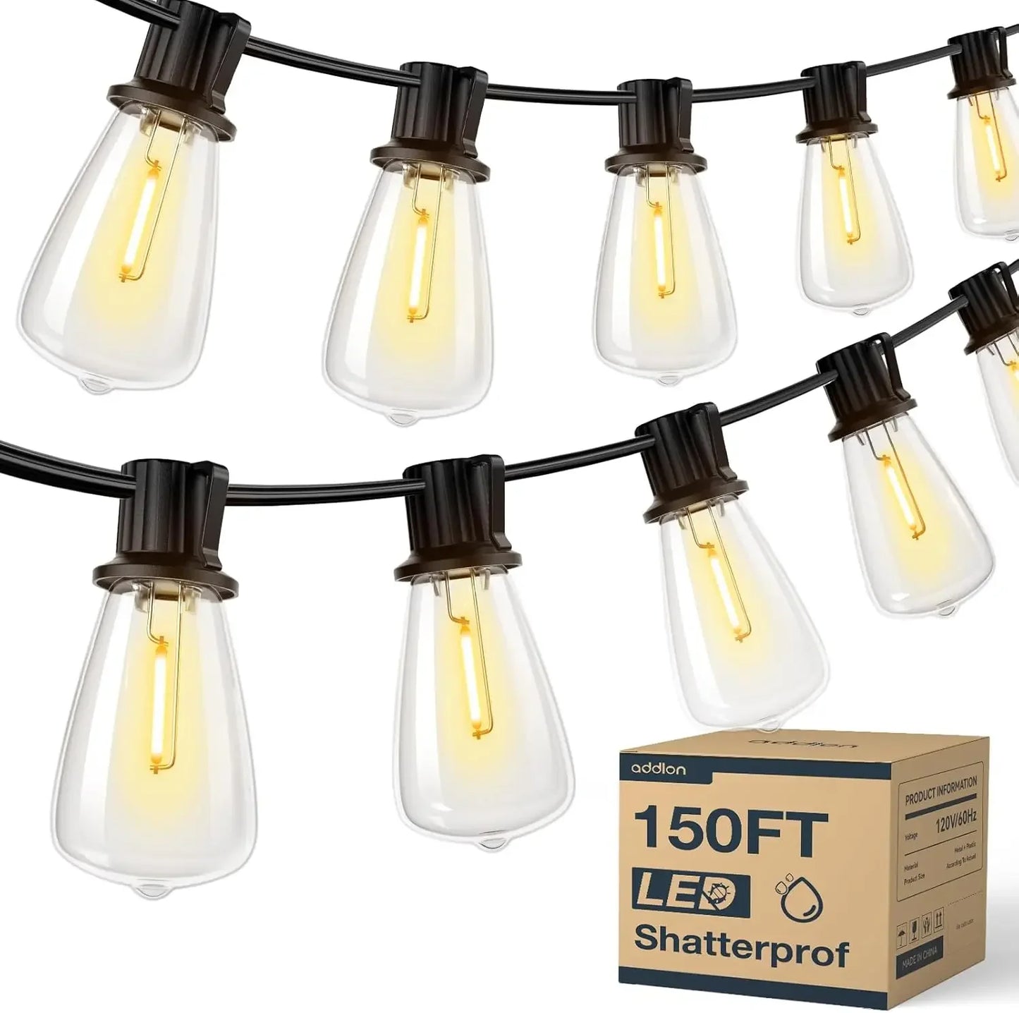 150FT LED Outdoor String Lights – Waterproof, Dimmable, Shatterproof Bulbs