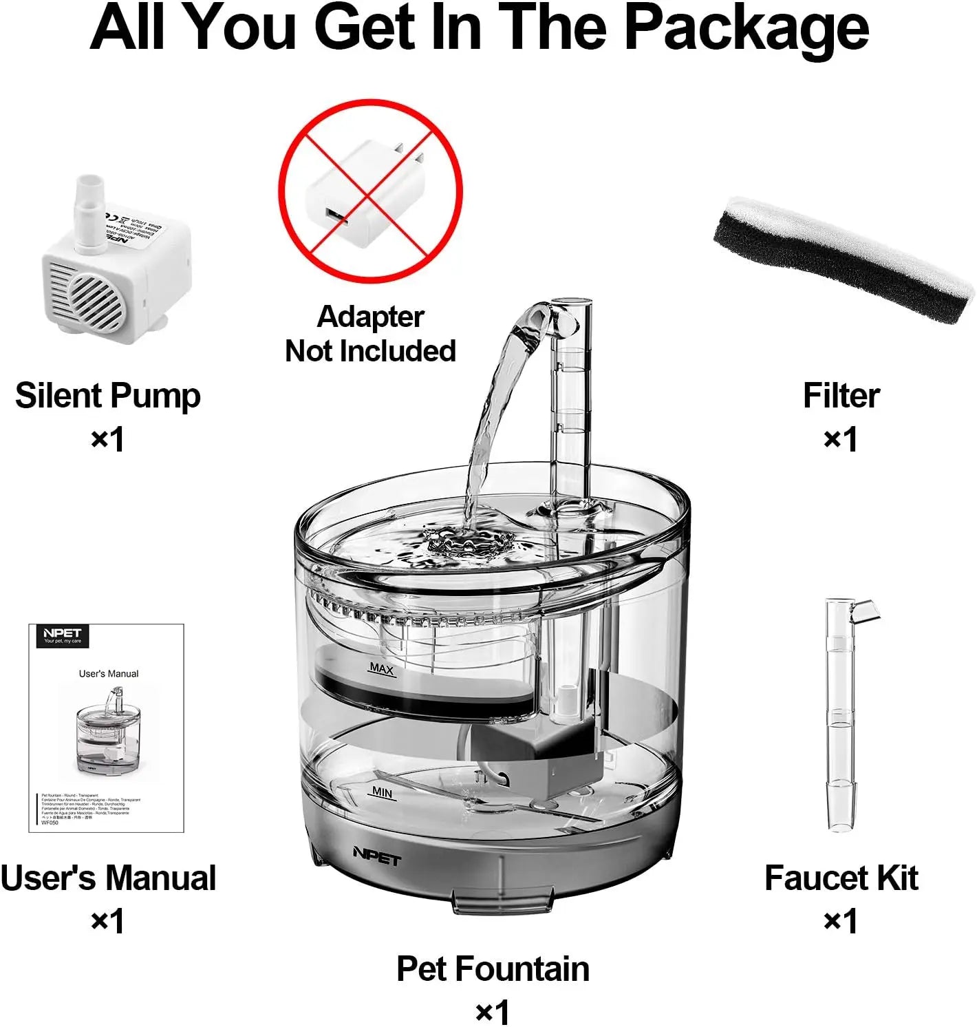 NPET WF050TP 1.5L Cat Water Fountain with Replacement Faucet Kit