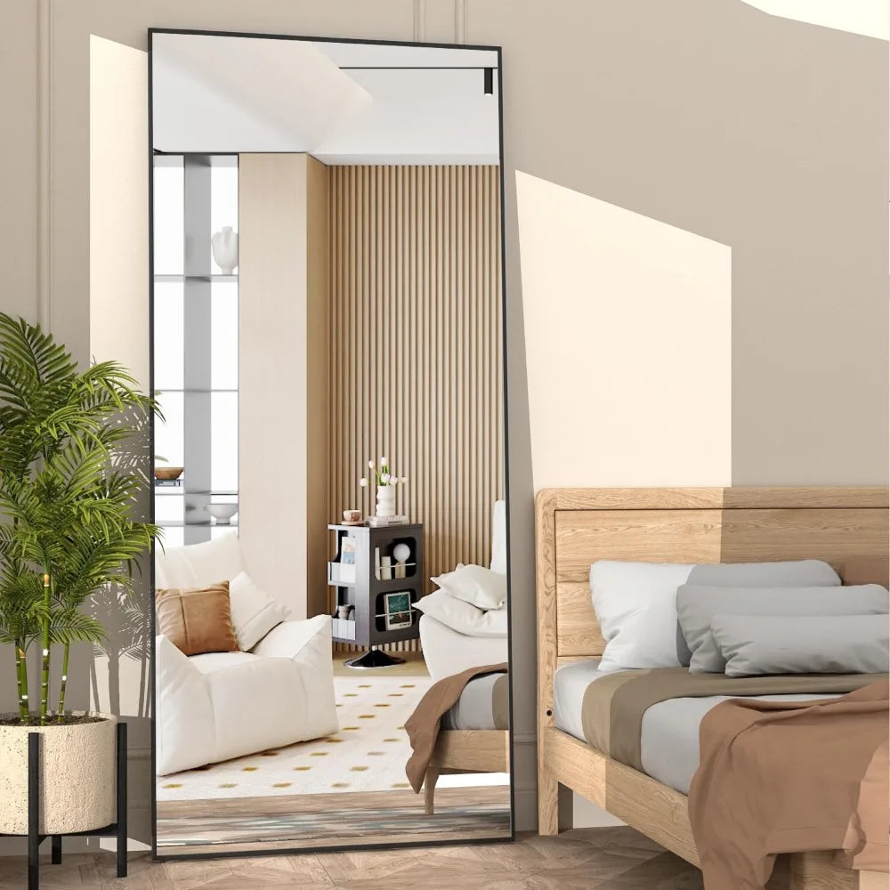 65"x24" Full Length Black Mirror, Standing or Hanging, Aluminum Alloy Frame