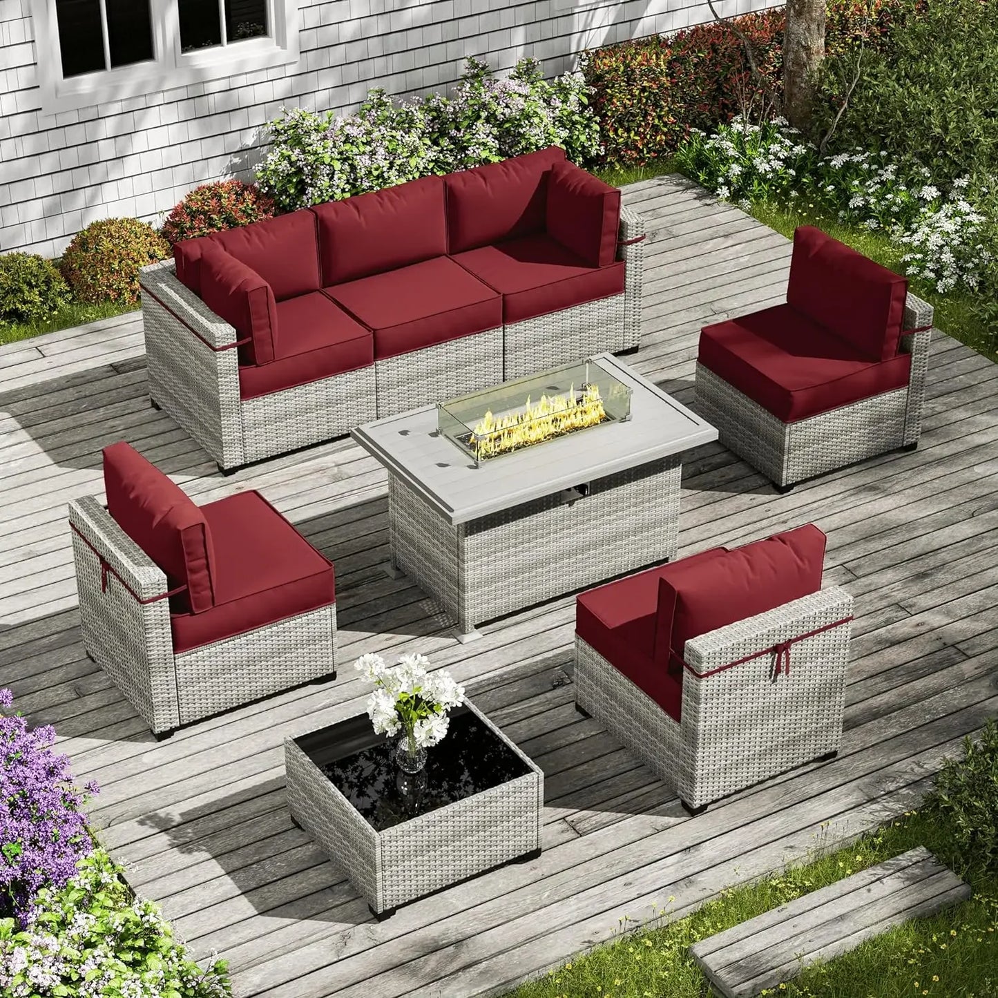 8-Piece Patio Furniture Set with Fire Pit Table, Light Grey Wicker Conversation Set