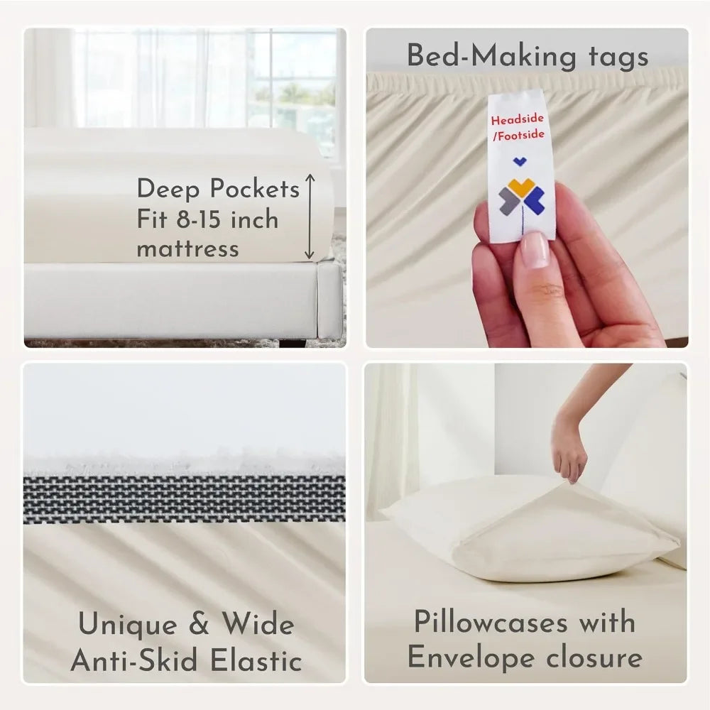 King Size Soft Cooling Sheets Set, 100% Organic Cotton, Deep Pockets