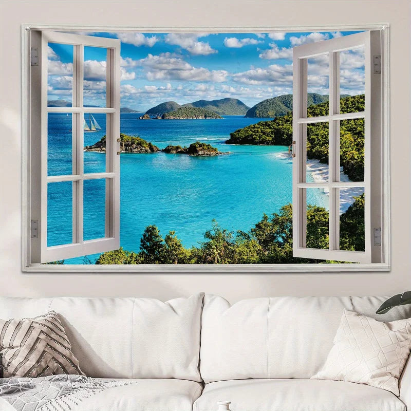 Nature Landscape Wall Tapestry, Blue Ocean Beach Print, Decorative Wall Art