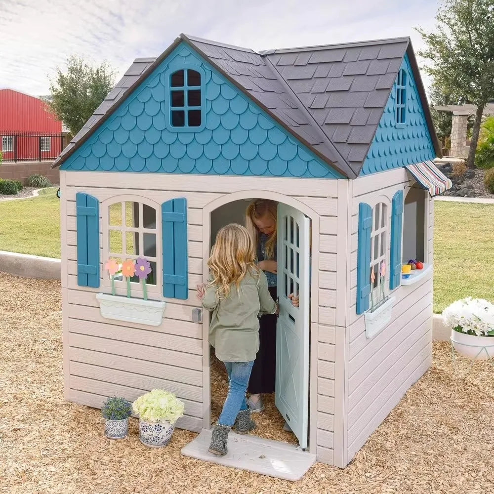 Heavy Duty Plastic Playhouse 6x6x7ft, Beige & Blue, Outdoor Kids Playhouse
