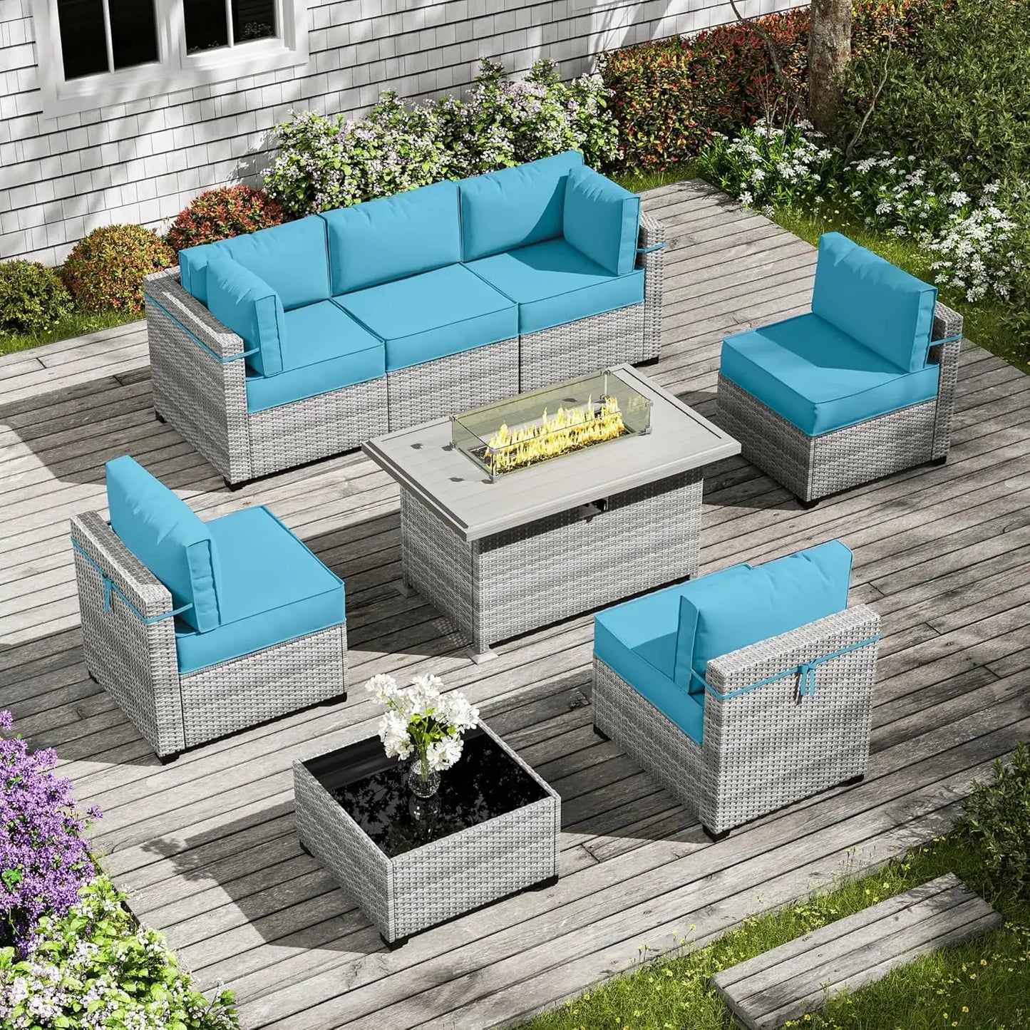 8-Piece Patio Furniture Set with Fire Pit Table, Light Grey Wicker Conversation Set