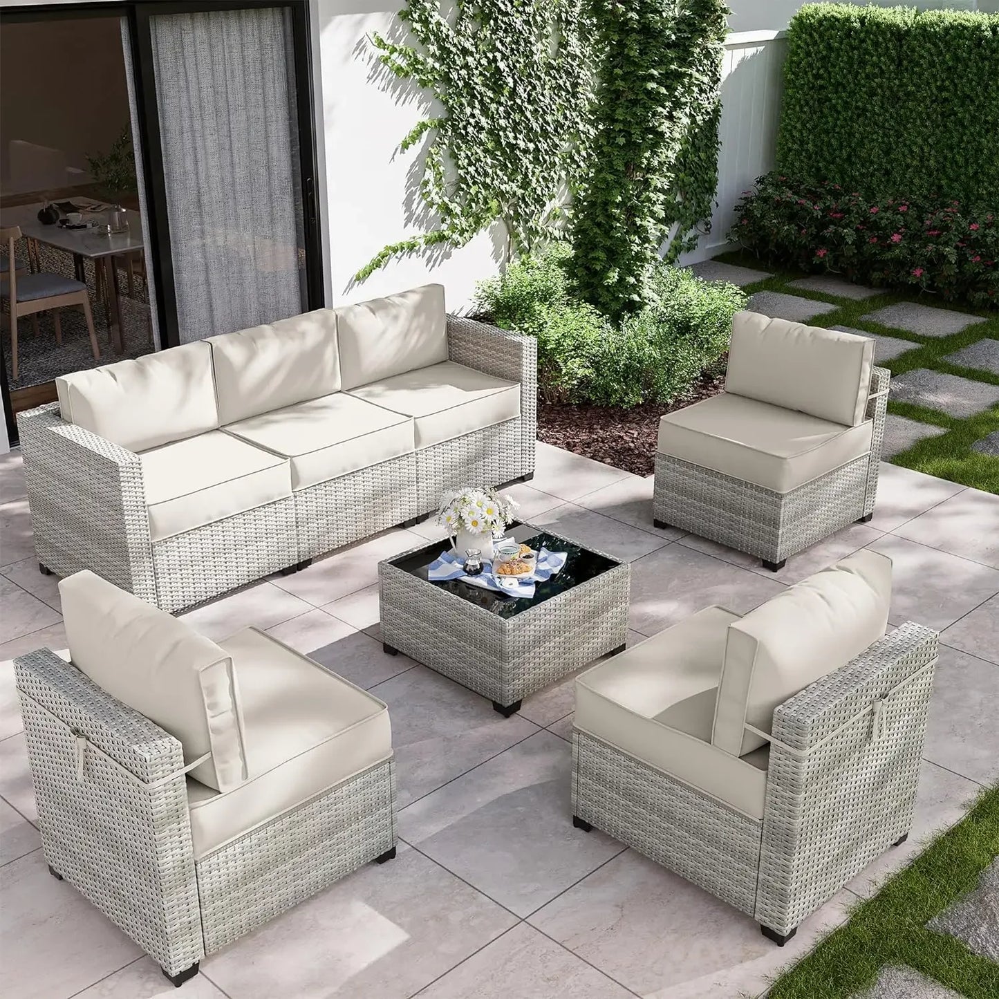8-Piece Patio Furniture Set with Fire Pit Table, Light Grey Wicker Conversation Set