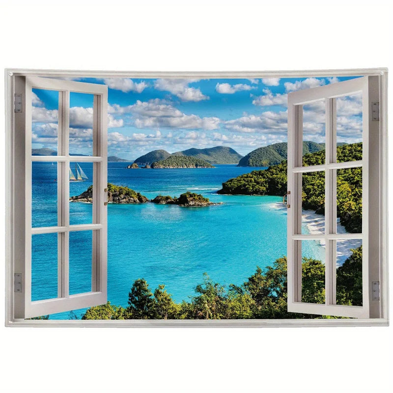 Nature Landscape Wall Tapestry, Blue Ocean Beach Print, Decorative Wall Art