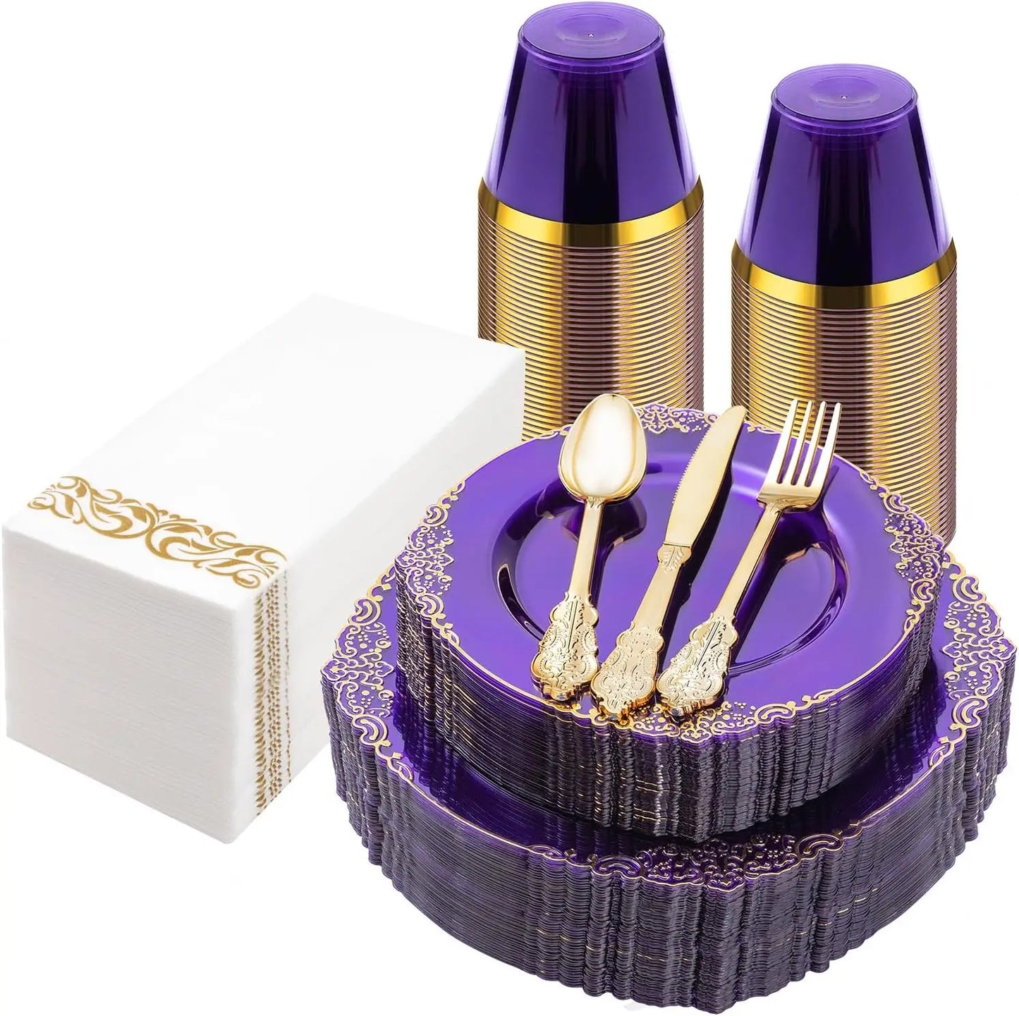 350PCS Clear Blue Plastic Plates, Cups, Napkins & 150 Gold Silverware for 50 Guests