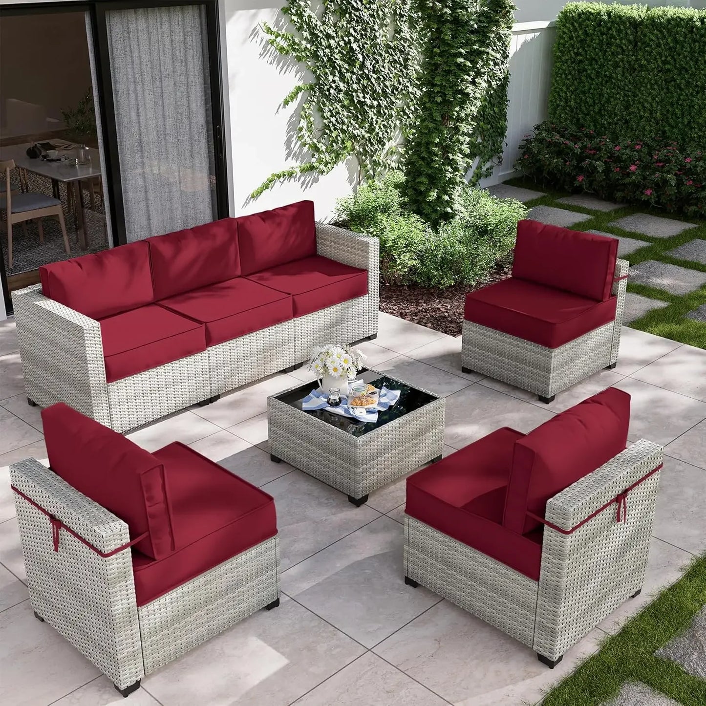 8-Piece Patio Furniture Set with Fire Pit Table, Light Grey Wicker Conversation Set