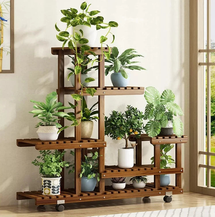6-Tier Wood Plant Stand – Vertical Carbonized Holder for Indoor & Outdoor Use