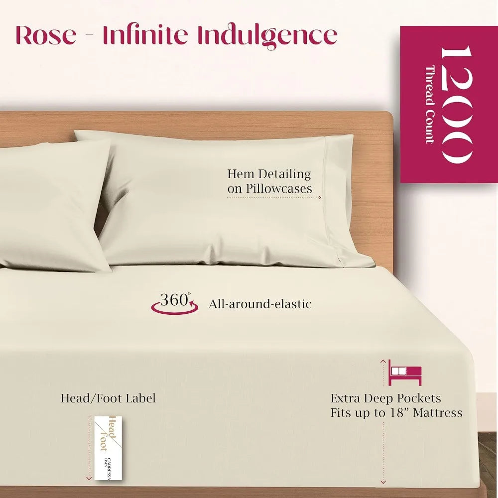 Luxury 100% Supima Cotton Queen Sheets, 1200 Thread Count, 4-Piece Ivory Set