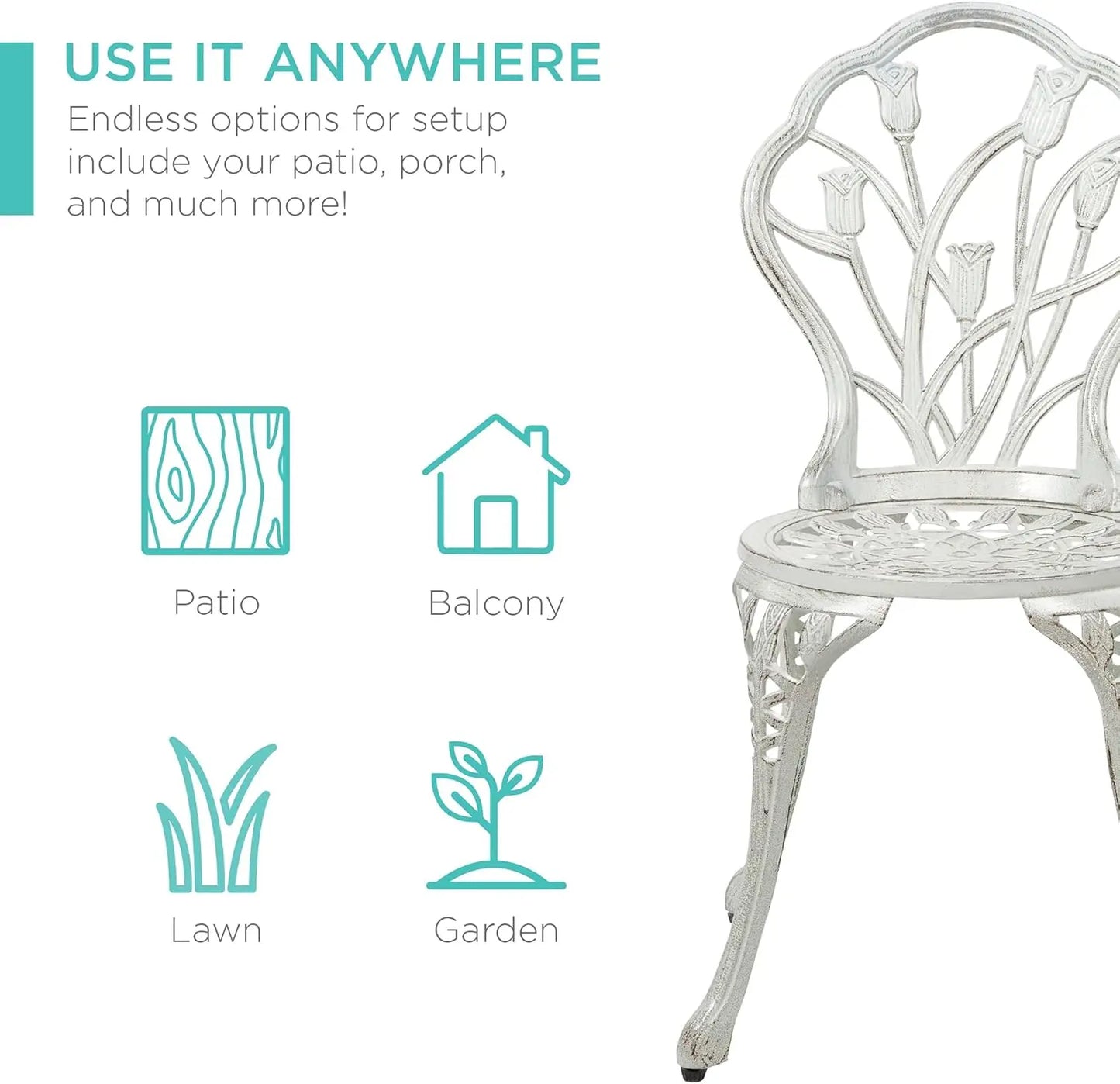 3-Piece Outdoor Cast Aluminum Bistro Set – Rust-Resistant, Tulip Design, White