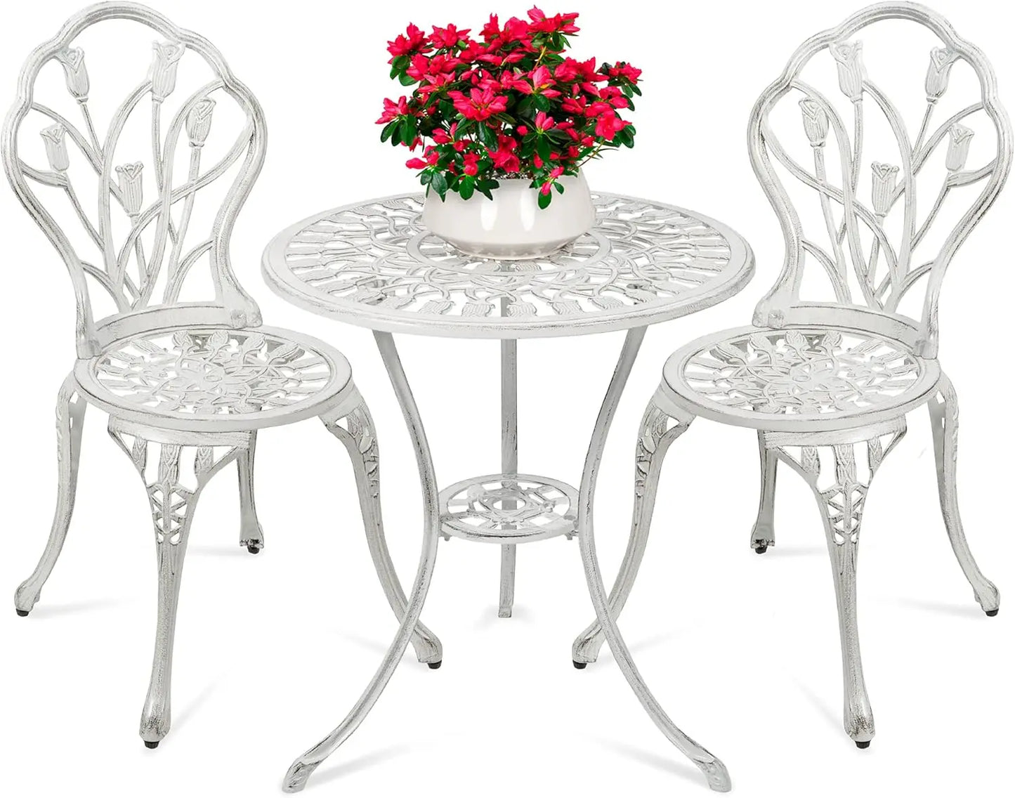 3-Piece Outdoor Cast Aluminum Bistro Set – Rust-Resistant, Tulip Design, White