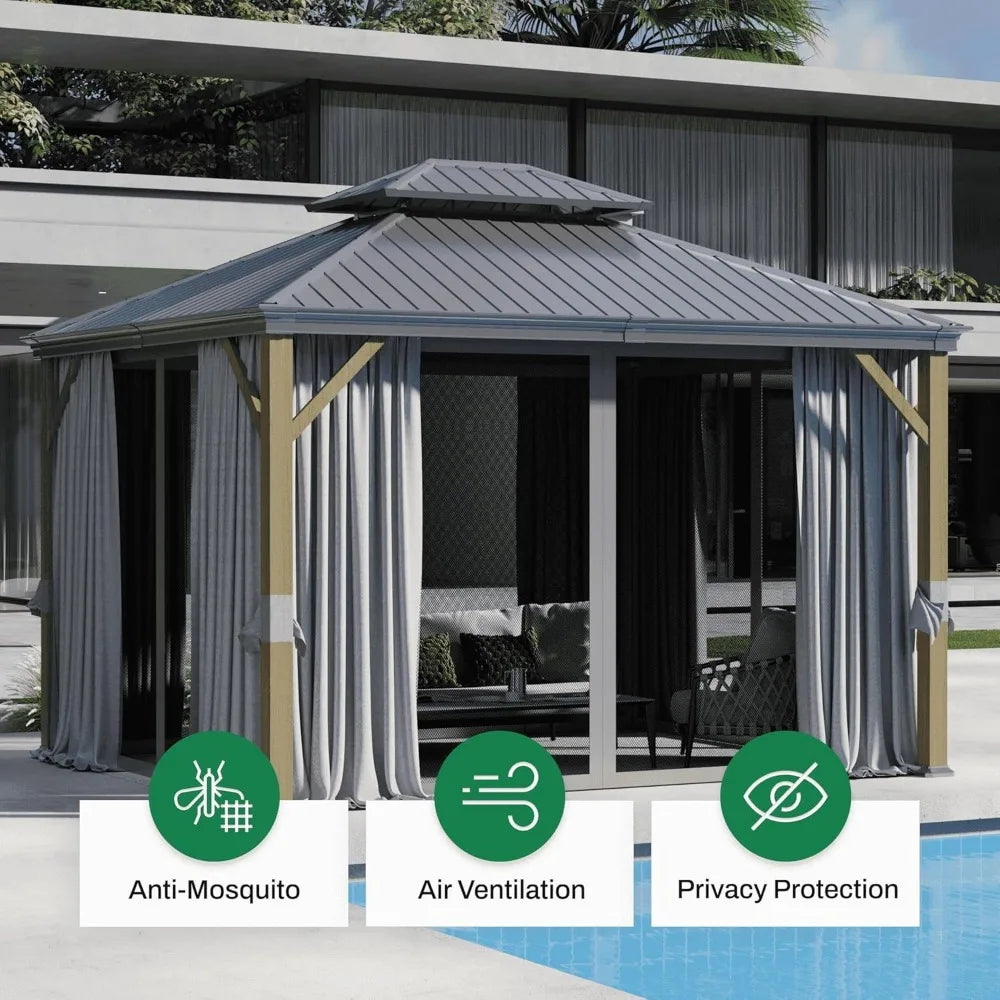 10x12 Ft Hardtop Gazebo – Outdoor Canopy with Curtains & Netting for Patio/Lawn