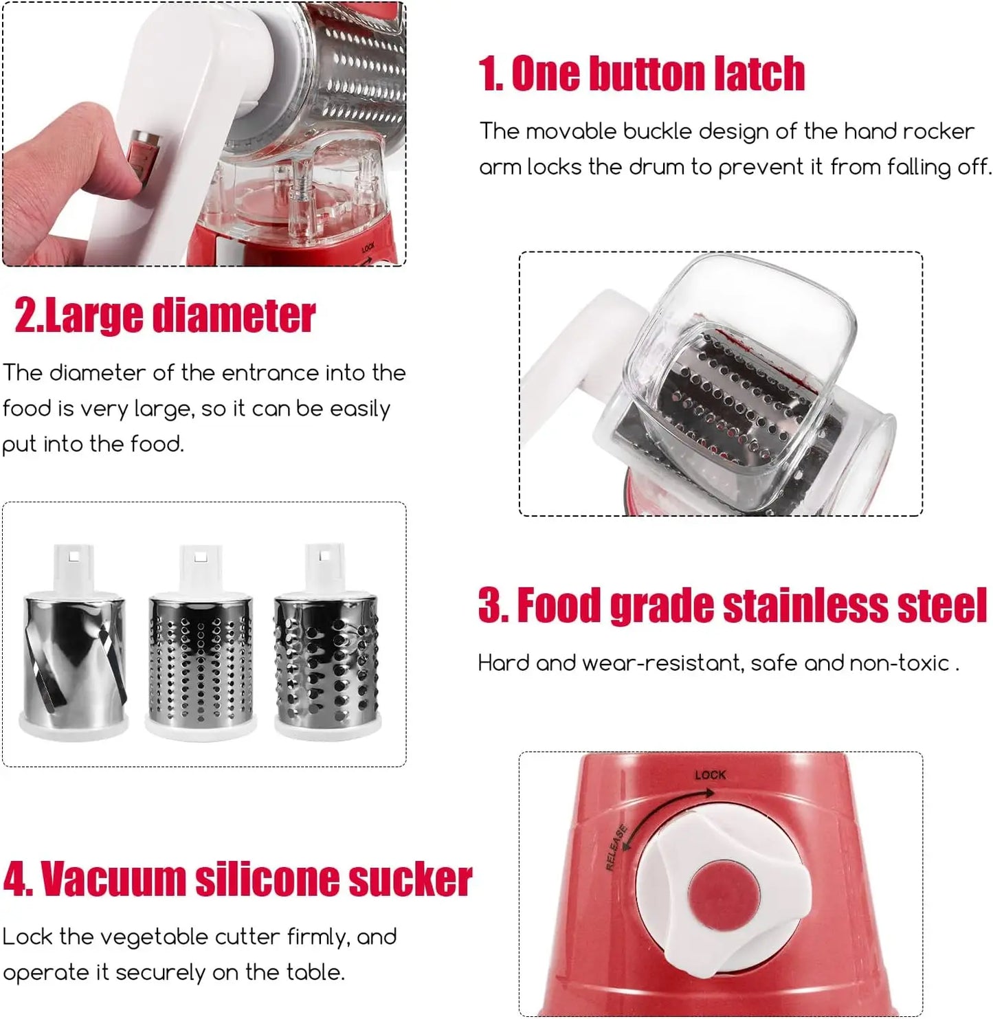 3-in-1 Rotary Cheese Grater with 3 Blades, Fast Vegetable Slicer & Shredder
