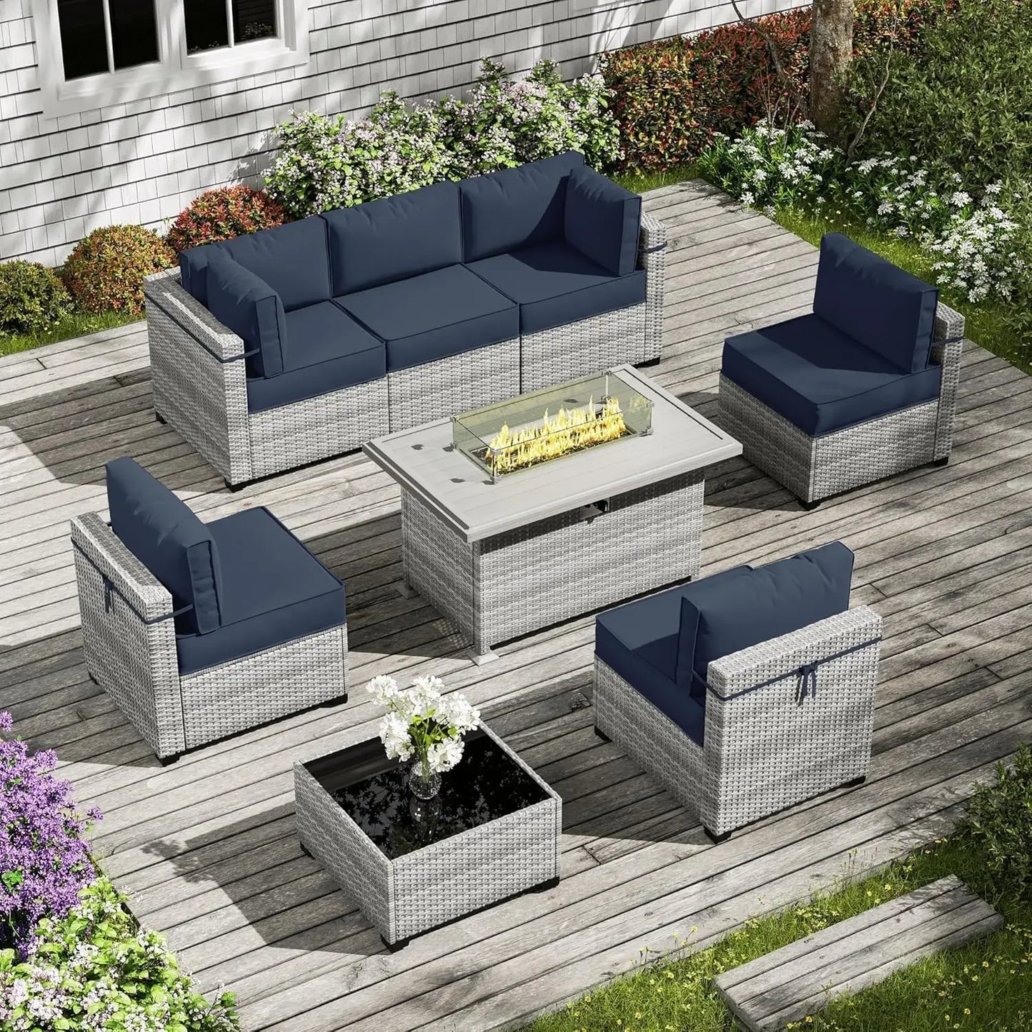 8-Piece Patio Furniture Set with Fire Pit Table, Light Grey Wicker Conversation Set