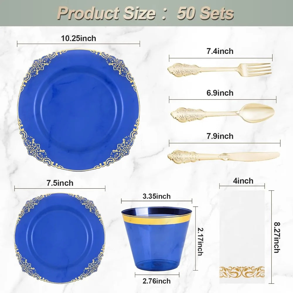 350PCS Clear Blue Plastic Plates, Cups, Napkins & 150 Gold Silverware for 50 Guests